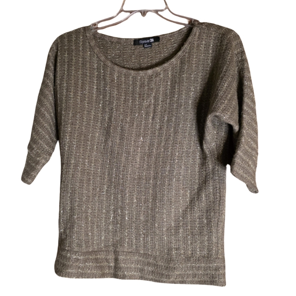 Forever 21 Brown Metallic Knit Sweater Medium Ribbed 3/4 Sleeve